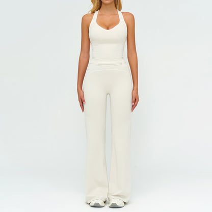 Womens Yoga Set V-neck Sleeveless Tops And Slim Straight Pants Summer Gym Sports Clothing