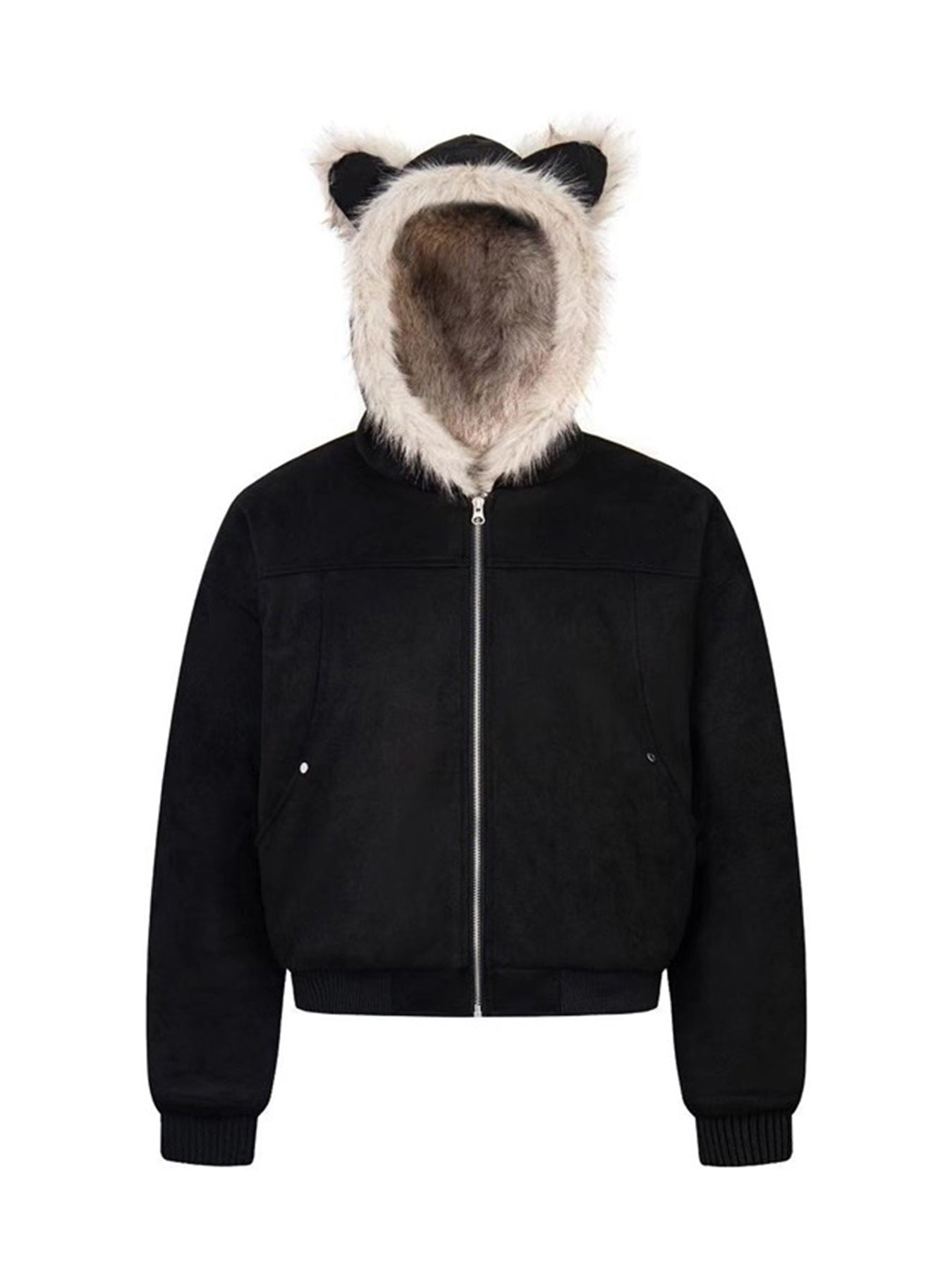 Hooded Fur Collar Jacket with Cat Ear Details