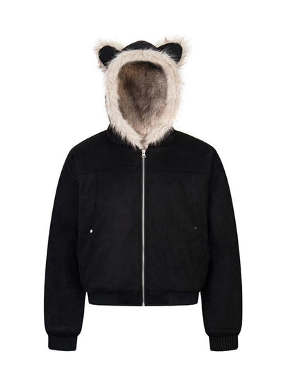 Hooded Fur Collar Jacket with Cat Ear Details