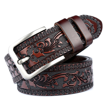 Carved Leather Belt for Men with Alloy Buckle