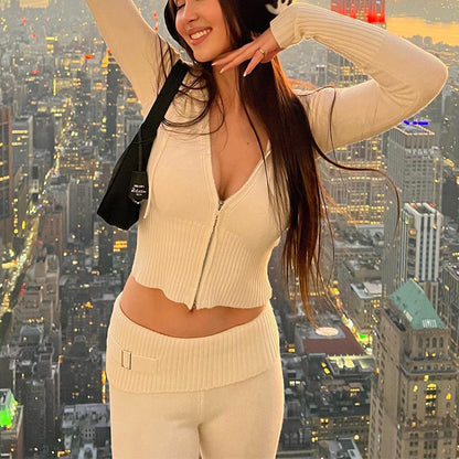 Womens Sports Leisure Hoodie Suit  Zip Long Sleeve Sweater High Waist Pants Set