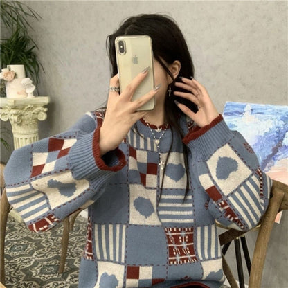 Japanese-style Retro Color-Block Heart Sweater Knitted Top