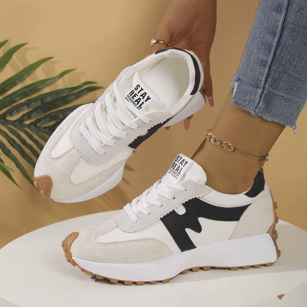 Womens Chunky-Soled Sneakers Lace-up Casual Shoes