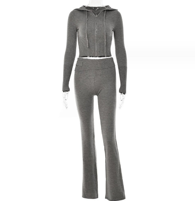 Womens Sports Leisure Hoodie Suit  Zip Long Sleeve Sweater High Waist Pants Set