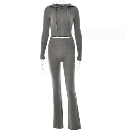 Womens Sports Leisure Hoodie Suit  Zip Long Sleeve Sweater High Waist Pants Set