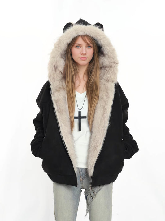 Hooded Fur Collar Jacket with Cat Ear Details