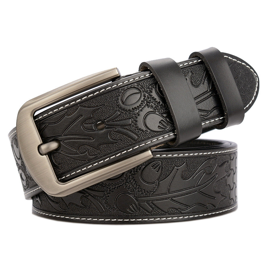Carved Leather Belt for Men with Alloy Buckle