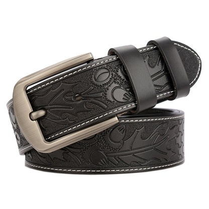 Carved Leather Belt for Men with Alloy Buckle