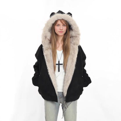 Hooded Fur Collar Jacket with Cat Ear Details