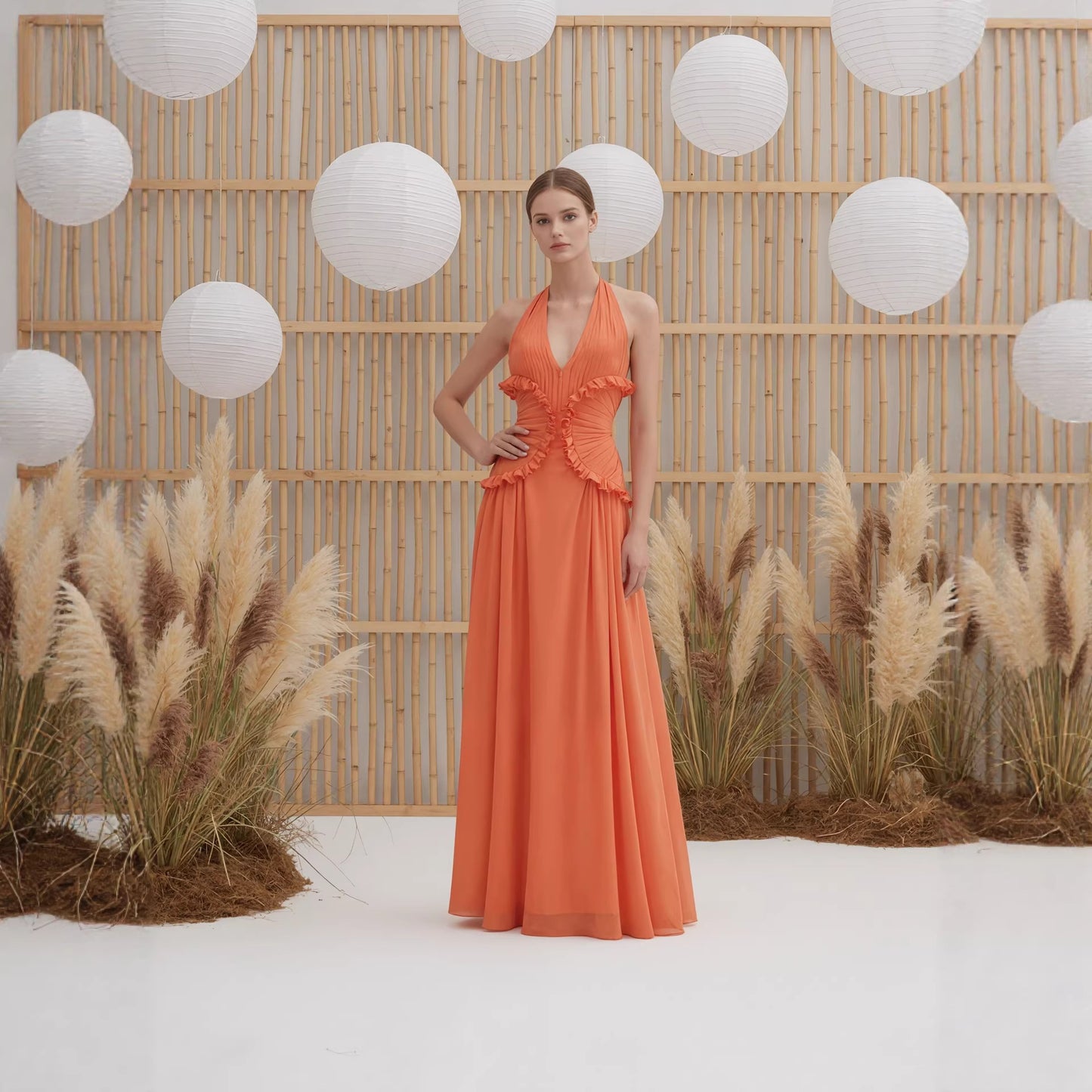 Hollow-out Halter Floor-length Dress