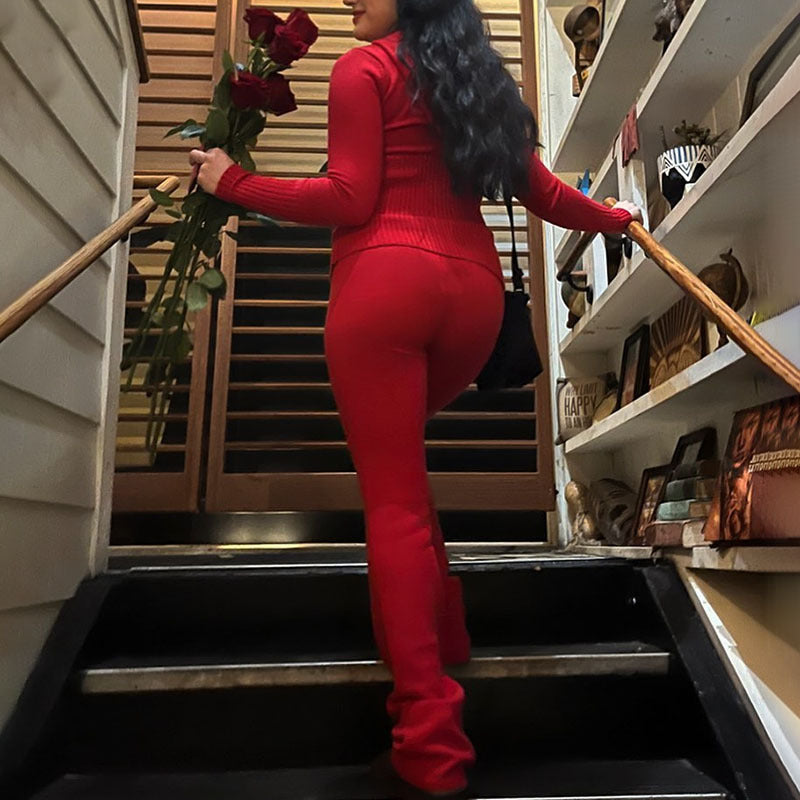 Womens Sports Leisure Hoodie Suit  Zip Long Sleeve Sweater High Waist Pants Set