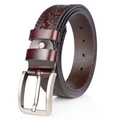 Carved Leather Belt for Men with Alloy Buckle