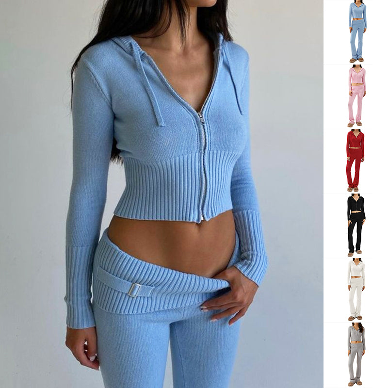 Womens Sports Leisure Hoodie Suit  Zip Long Sleeve Sweater High Waist Pants Set