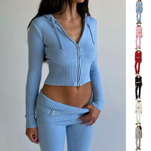 Womens Sports Leisure Hoodie Suit  Zip Long Sleeve Sweater High Waist Pants Set