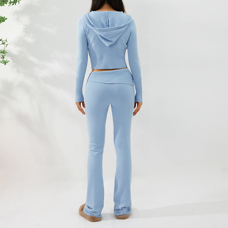 Womens Sports Leisure Hoodie Suit  Zip Long Sleeve Sweater High Waist Pants Set