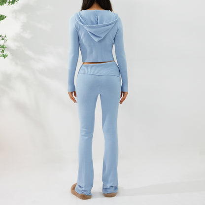 Womens Sports Leisure Hoodie Suit  Zip Long Sleeve Sweater High Waist Pants Set