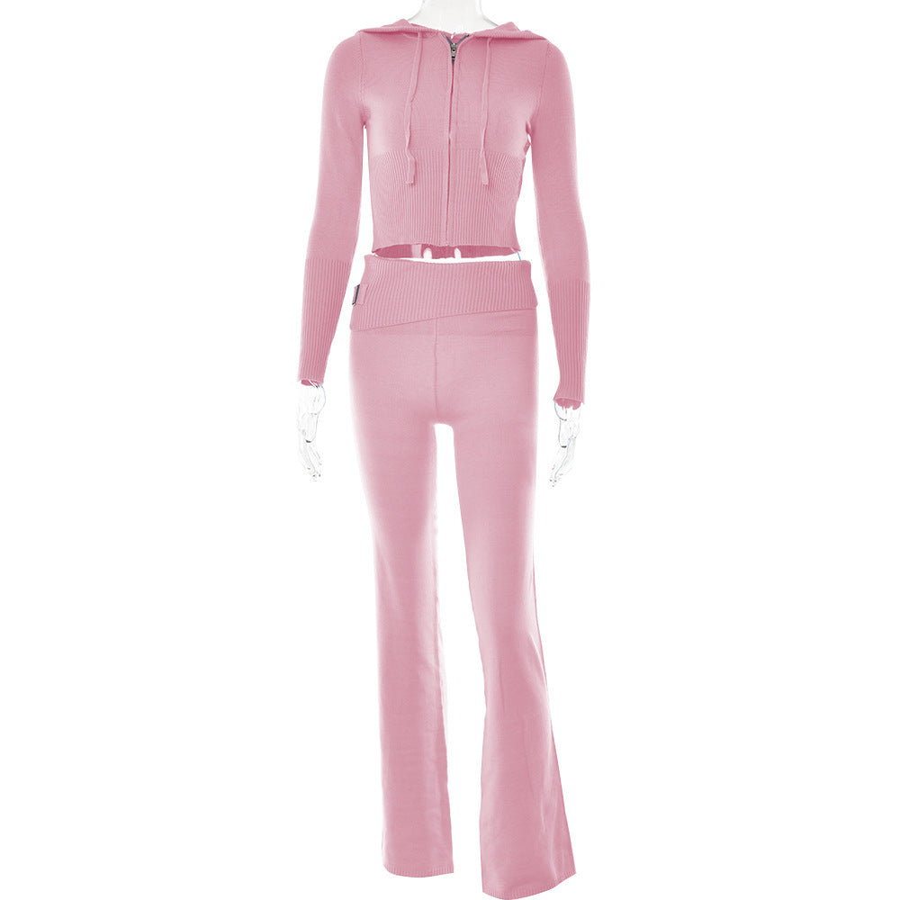 Womens Sports Leisure Hoodie Suit  Zip Long Sleeve Sweater High Waist Pants Set