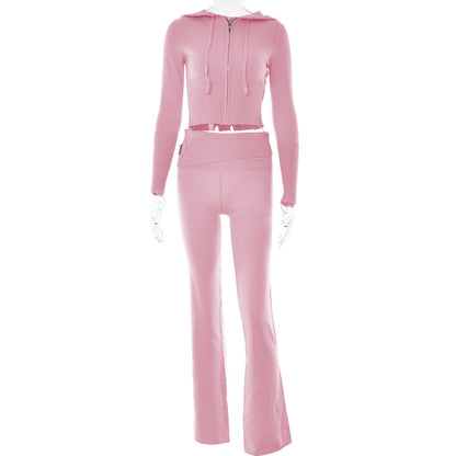 Womens Sports Leisure Hoodie Suit  Zip Long Sleeve Sweater High Waist Pants Set