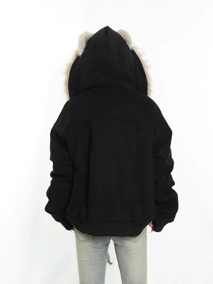 Hooded Fur Collar Jacket with Cat Ear Details