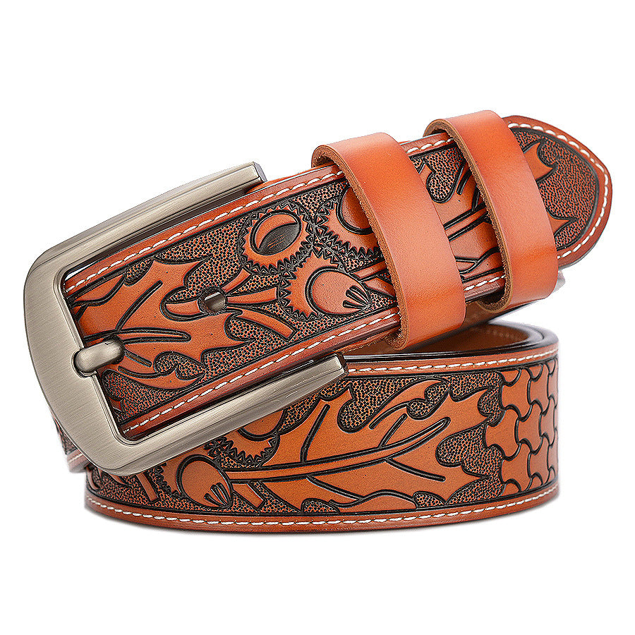 Carved Leather Belt for Men with Alloy Buckle