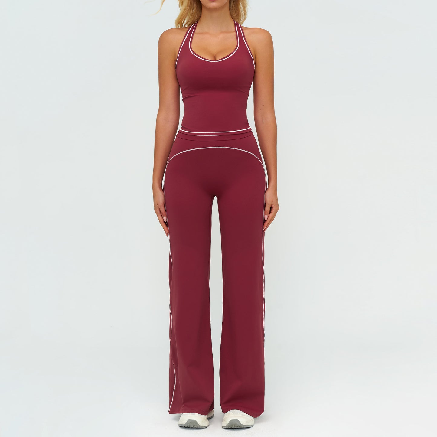 Womens Yoga Set V-neck Sleeveless Tops And Slim Straight Pants Summer Gym Sports Clothing