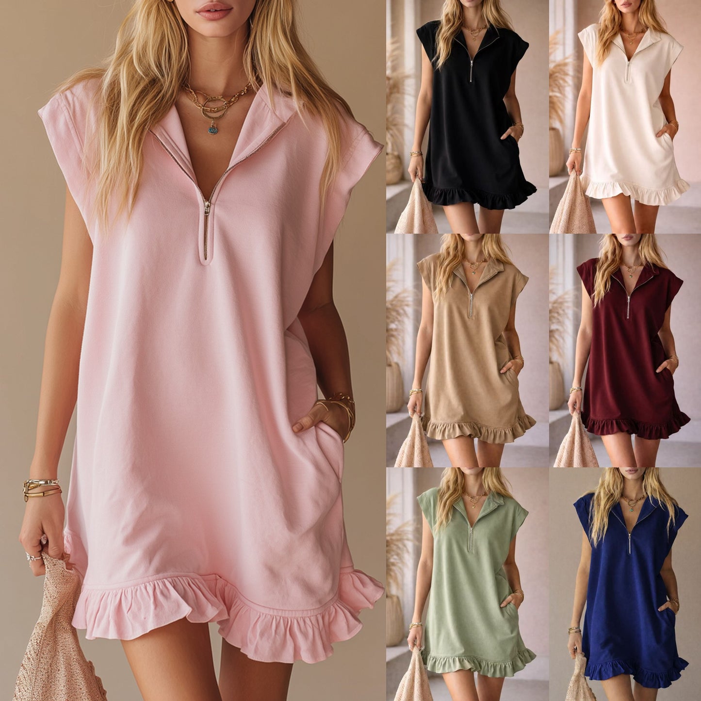 Women's Casual Summer Dress With Two Front Pockets And Back Zipper