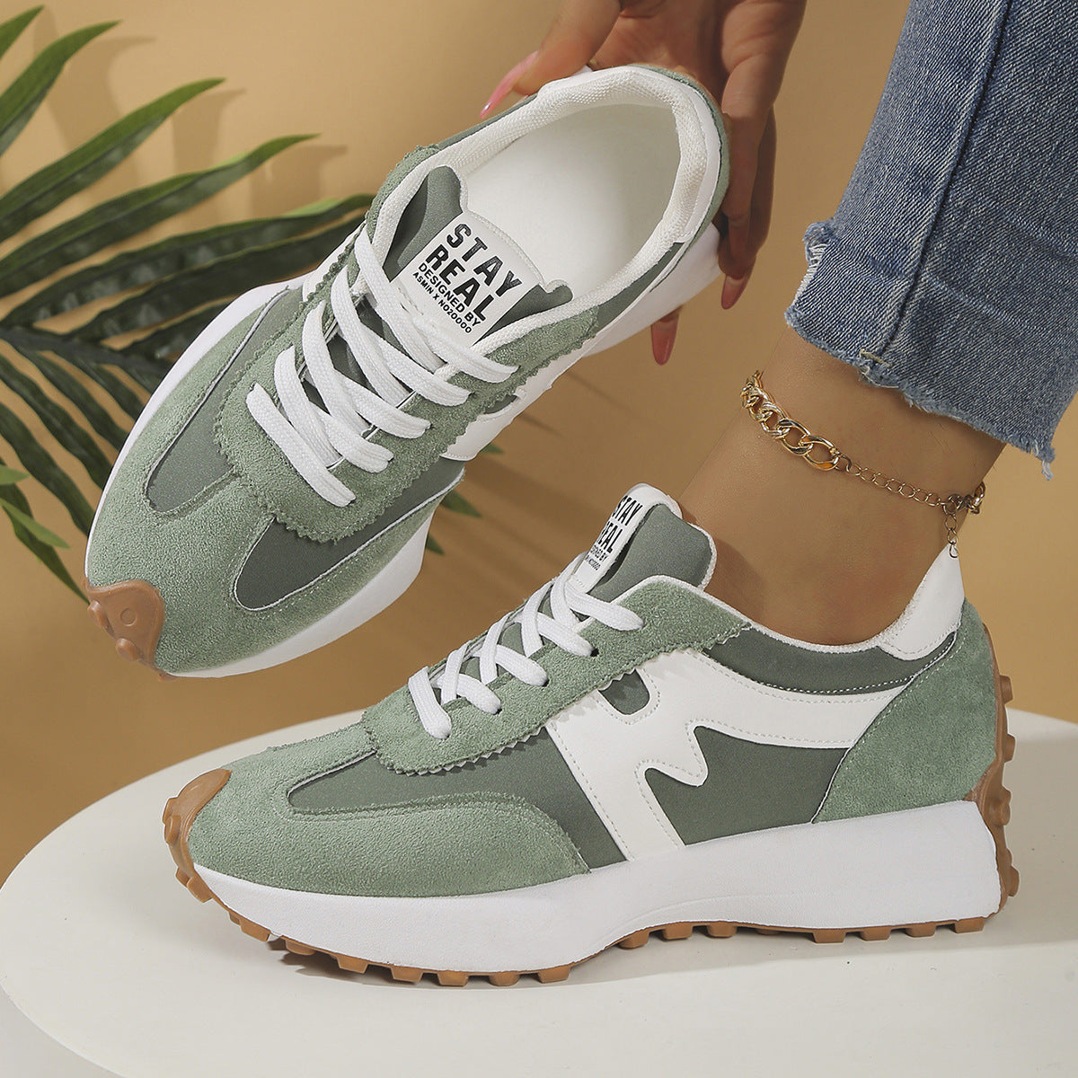 Womens Chunky-Soled Sneakers Lace-up Casual Shoes