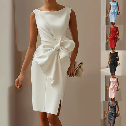 Fashion Bowknot Dress Solid Color Elegant Slim Sleeveless Dresses Women's Casual Office Party Clothing