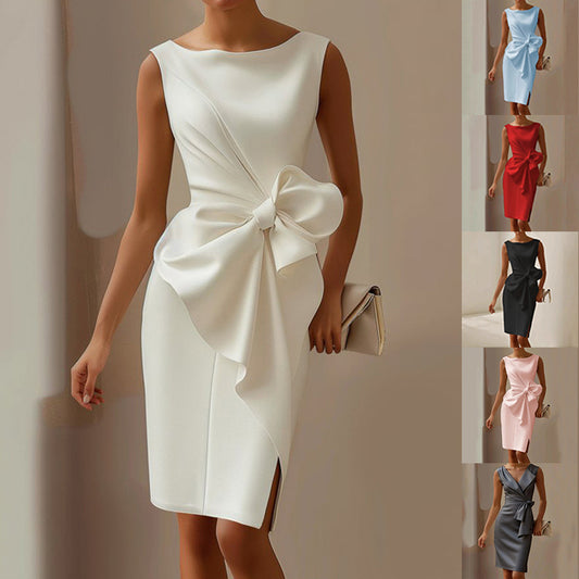 Fashion Bowknot Dress Solid Color Elegant Slim Sleeveless Dresses Women's Casual Office Party Clothing