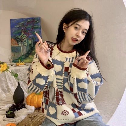 Japanese-style Retro Color-Block Heart Sweater Knitted Top
