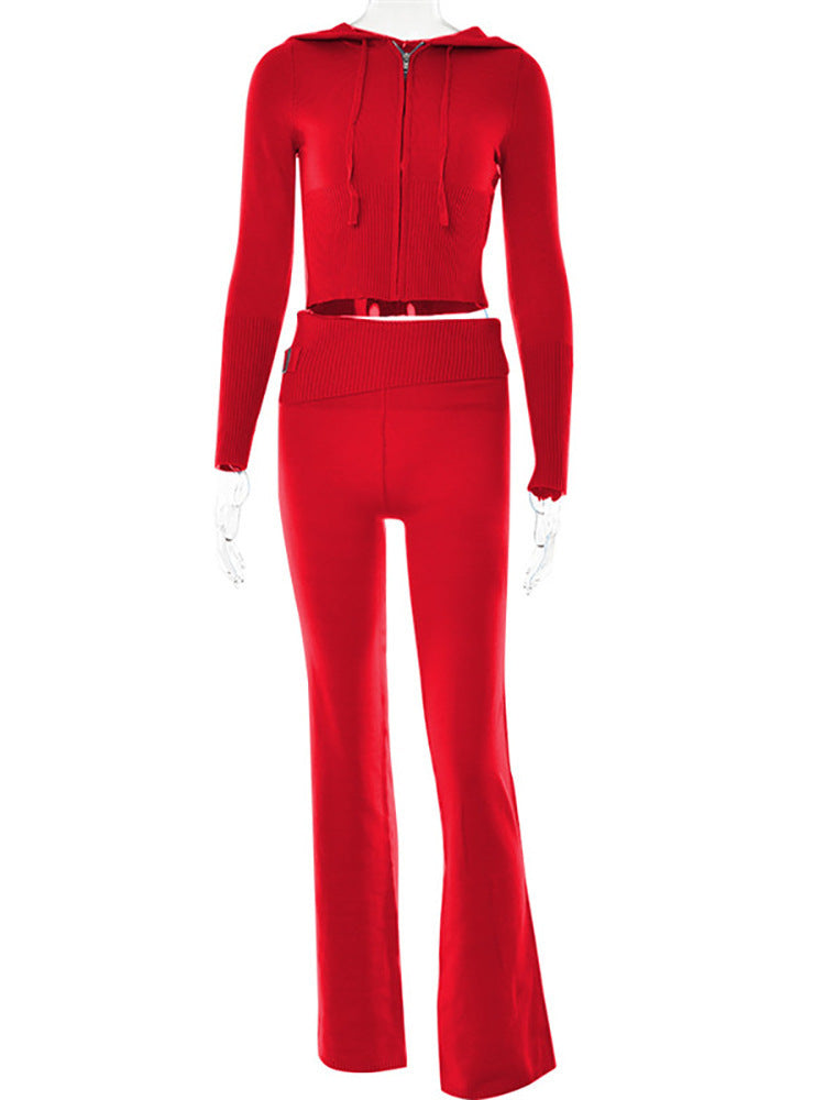 Womens Sports Leisure Hoodie Suit  Zip Long Sleeve Sweater High Waist Pants Set