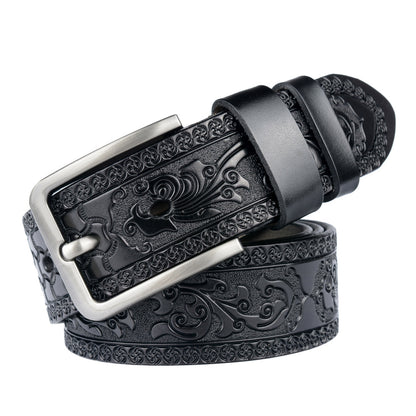 Carved Leather Belt for Men with Alloy Buckle