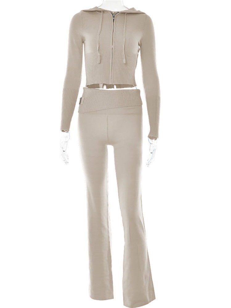 Womens Sports Leisure Hoodie Suit  Zip Long Sleeve Sweater High Waist Pants Set