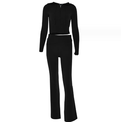 Womens Sports Leisure Hoodie Suit  Zip Long Sleeve Sweater High Waist Pants Set