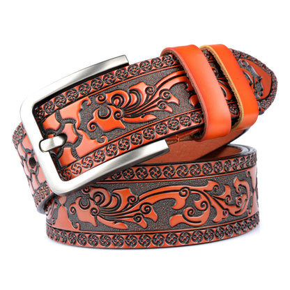 Carved Leather Belt for Men with Alloy Buckle