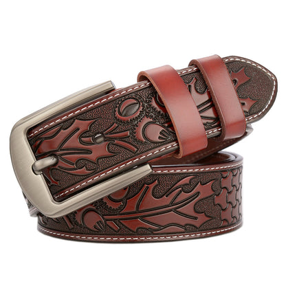 Carved Leather Belt for Men with Alloy Buckle