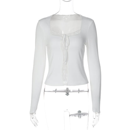 Lace Splicing Square Collar Slim Fit T-Shirt