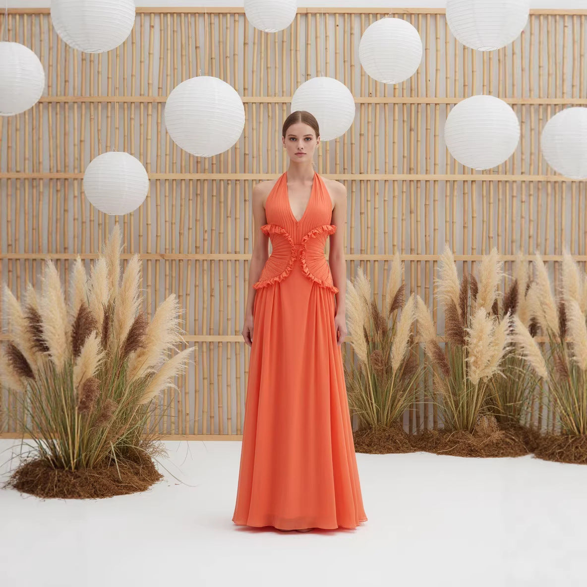 Hollow-out Halter Floor-length Dress