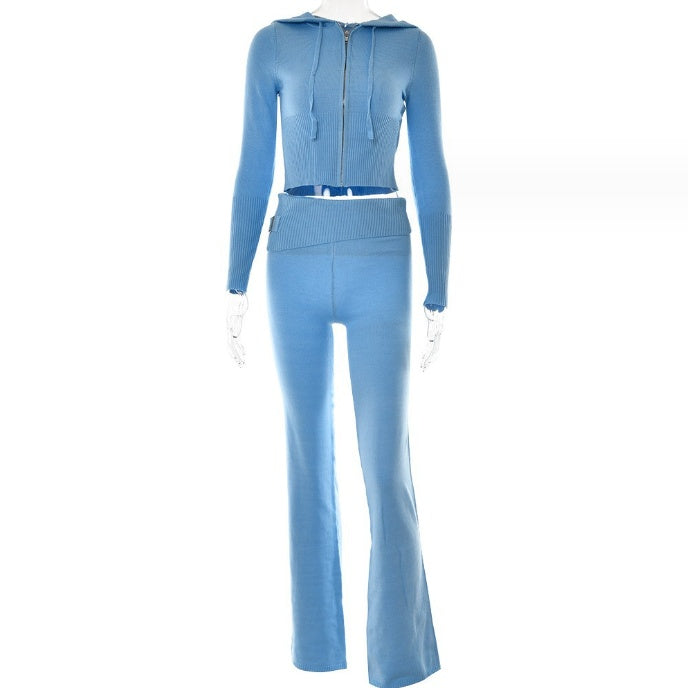Womens Sports Leisure Hoodie Suit  Zip Long Sleeve Sweater High Waist Pants Set