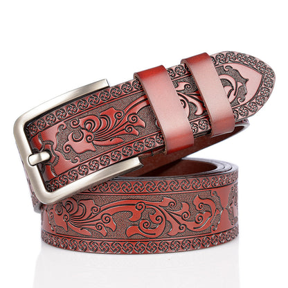 Carved Leather Belt for Men with Alloy Buckle