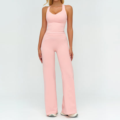 Womens Yoga Set V-neck Sleeveless Tops And Slim Straight Pants Summer Gym Sports Clothing